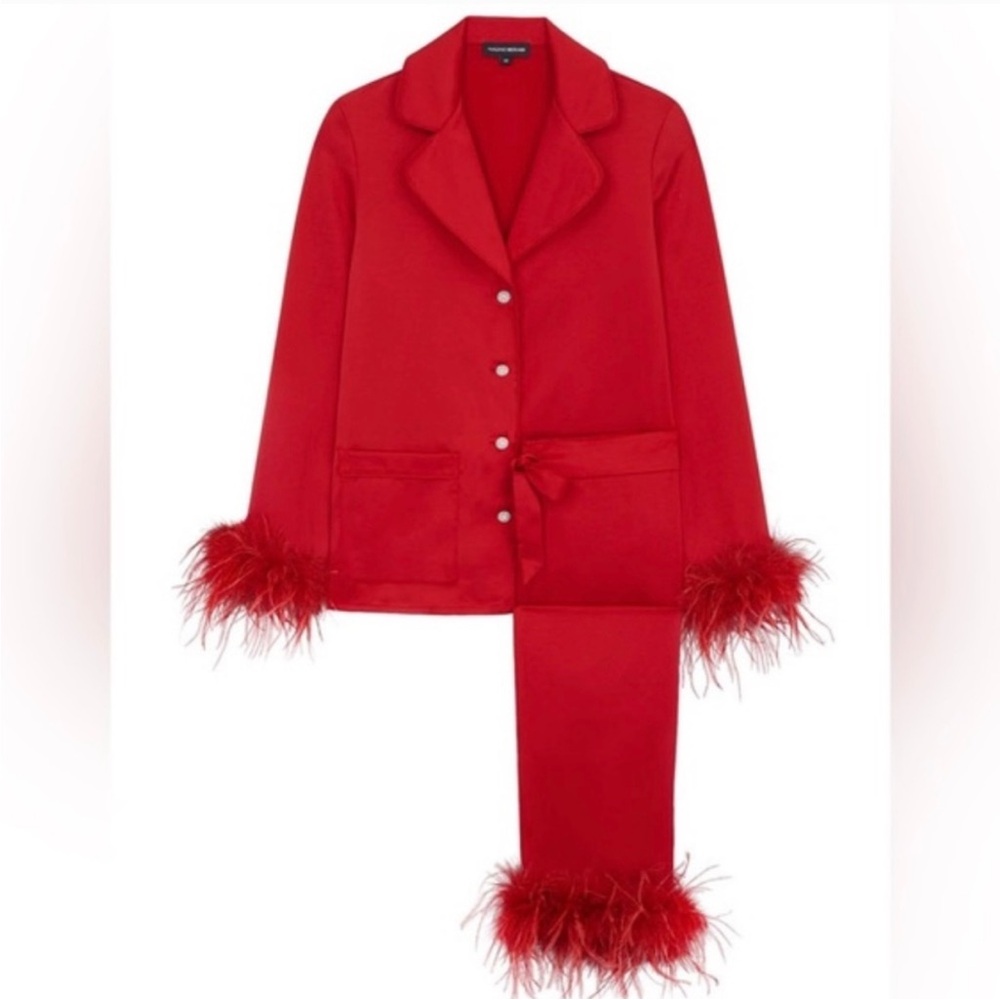 NADINE MERABI Red Feather Trim Pajama Set